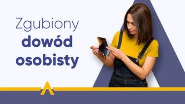 Zaniepokojona kobieta w żółtej koszulce sprawdzająca portfel obok napisu "Zgubiony dowód osobisty"